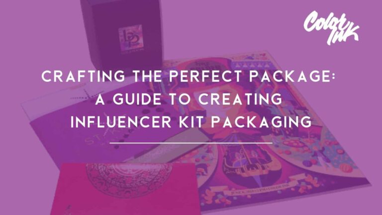 This image displays a purple-themed graphic with text about crafting influencer kit packaging and various printed materials spread out beneath it.