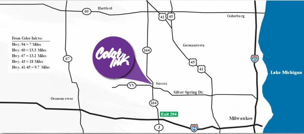 A stylized map highlighting a location with a purple pin labeled "Color Ink." Lists distances from the spot to various highways, near Milwaukee, close to Lake Michigan.