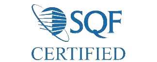 This image shows the text "SQF CERTIFIED" in a stylized font, with a logo featuring an abstract globe design, indicating a certification likely related to quality or food safety standards.