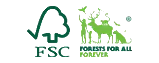 The image displays two logos side by side. On the left, a green "FSC" logo with a tree and checkmark. On the right, text "FORESTS FOR ALL FOREVER" with a tree icon.