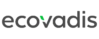 The image displays the logo of "EcoVadis" in a grayscale color scheme, with a green leaf accent on the letter 'i', symbolizing environmental focus.