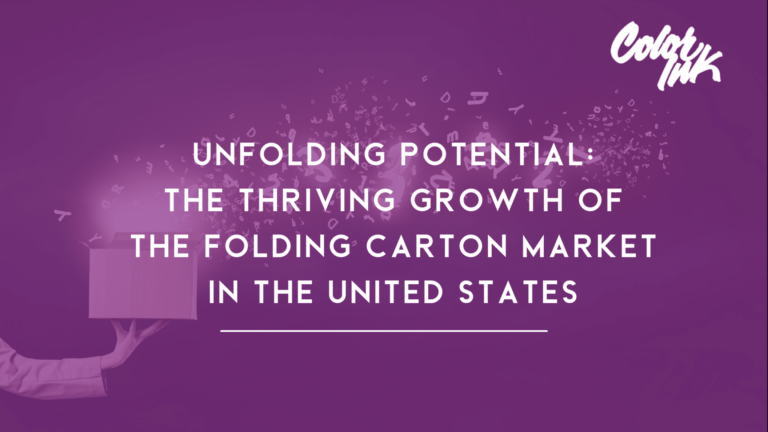A graphic with purple background showcasing a title "Unfolding Potential: The Thriving Growth of the Folding Carton Market in the United States" with a person's arm holding a box.