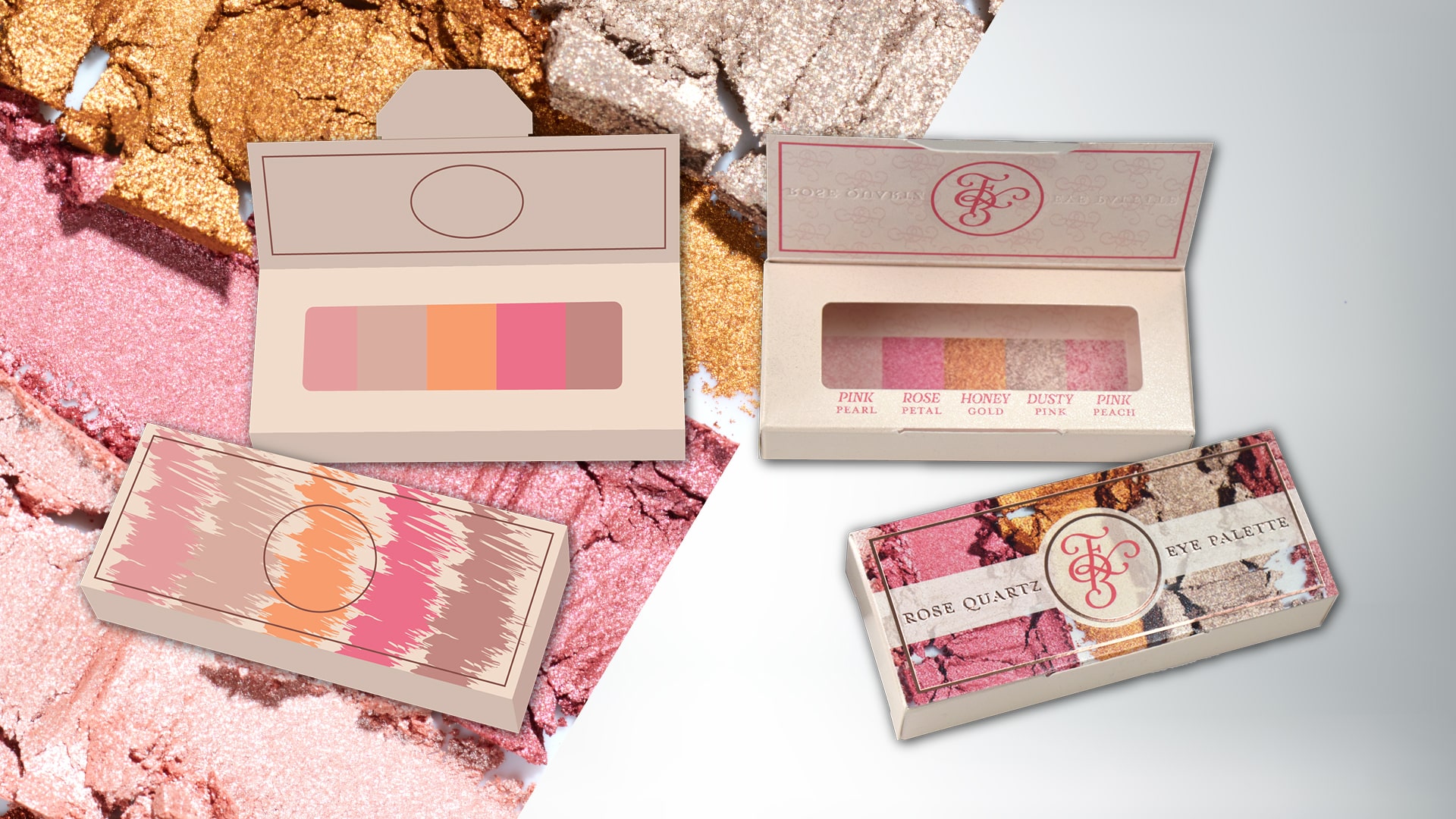 The image shows a collection of cosmetic palettes with various shades of eyeshadows and blushes, scattered on a textured backdrop of crushed makeup.