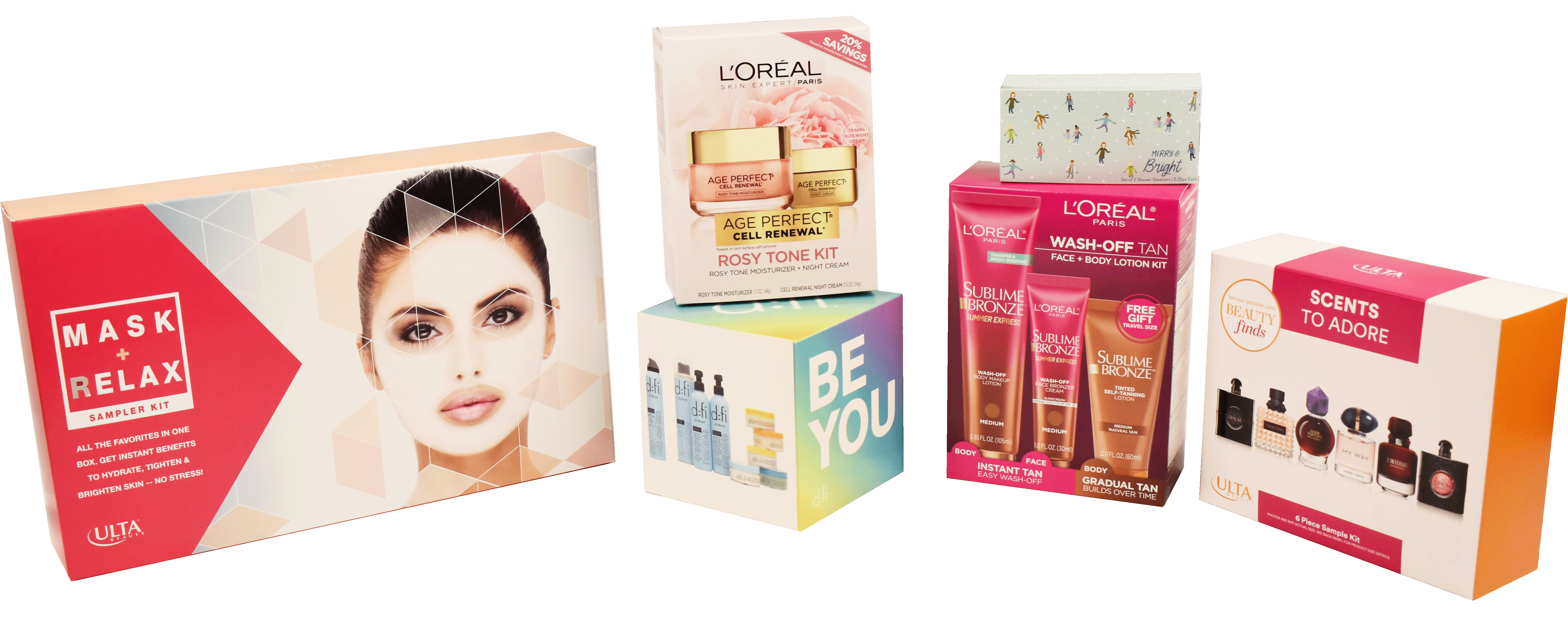 This image shows a collection of skincare and beauty product kits from various brands, including face masks, moisturizers, and self-tanning lotions, with colorful packaging.