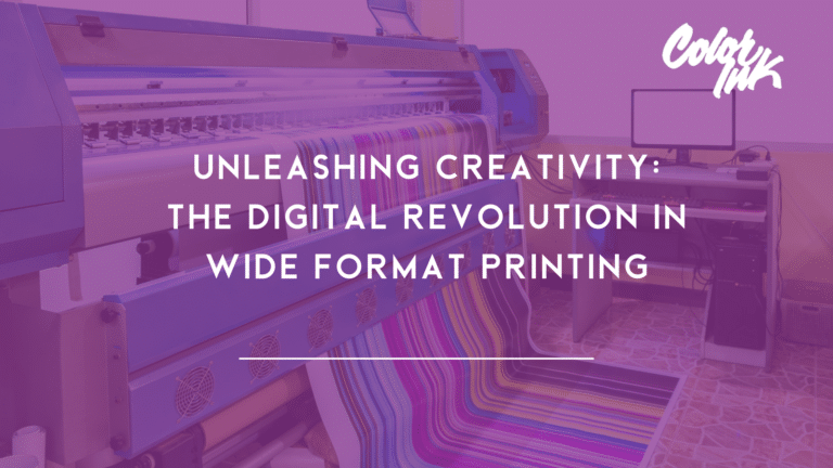 The image shows a wide format printer with text overlay about creativity and digital revolution in printing, set in a purple-hued workspace environment.