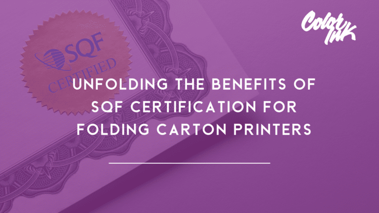 The image is a promotional graphic with text "Unfolding the Benefits of SQF Certification for Folding Carton Printers" on a purple background with logos.