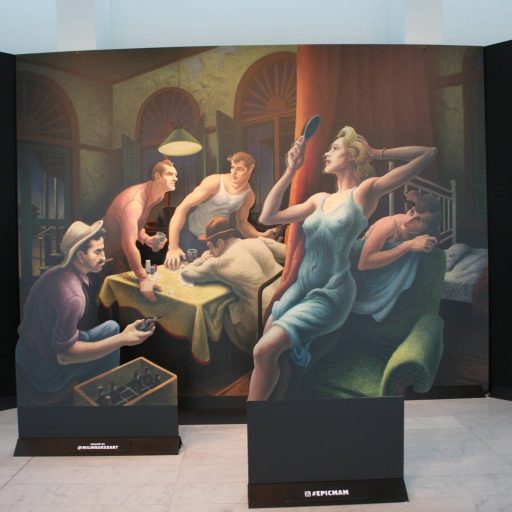 An elaborate three-dimensional painting depicts several people in a stylized room, with a focus on playful distortion and perspective. It's displayed in a gallery.